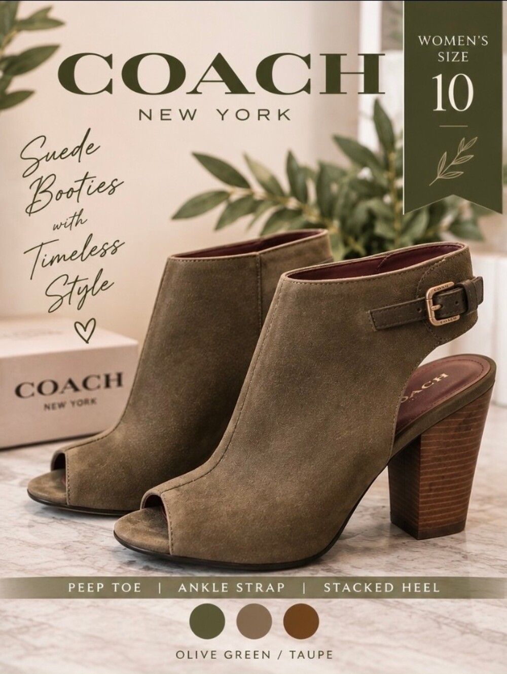 Coach Olive Taupe Suede Peep Toe Ankle Booties Heels Size 10